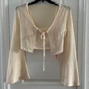 Shein Womens Beige Cropped V-Neck Bell Sleeve Knit Top M Polyester